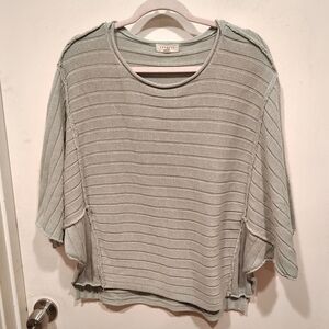 Promesa Sage Green Exposed Seam Born Free Stripe Knit Slouchy Sweater Sz M Boho
